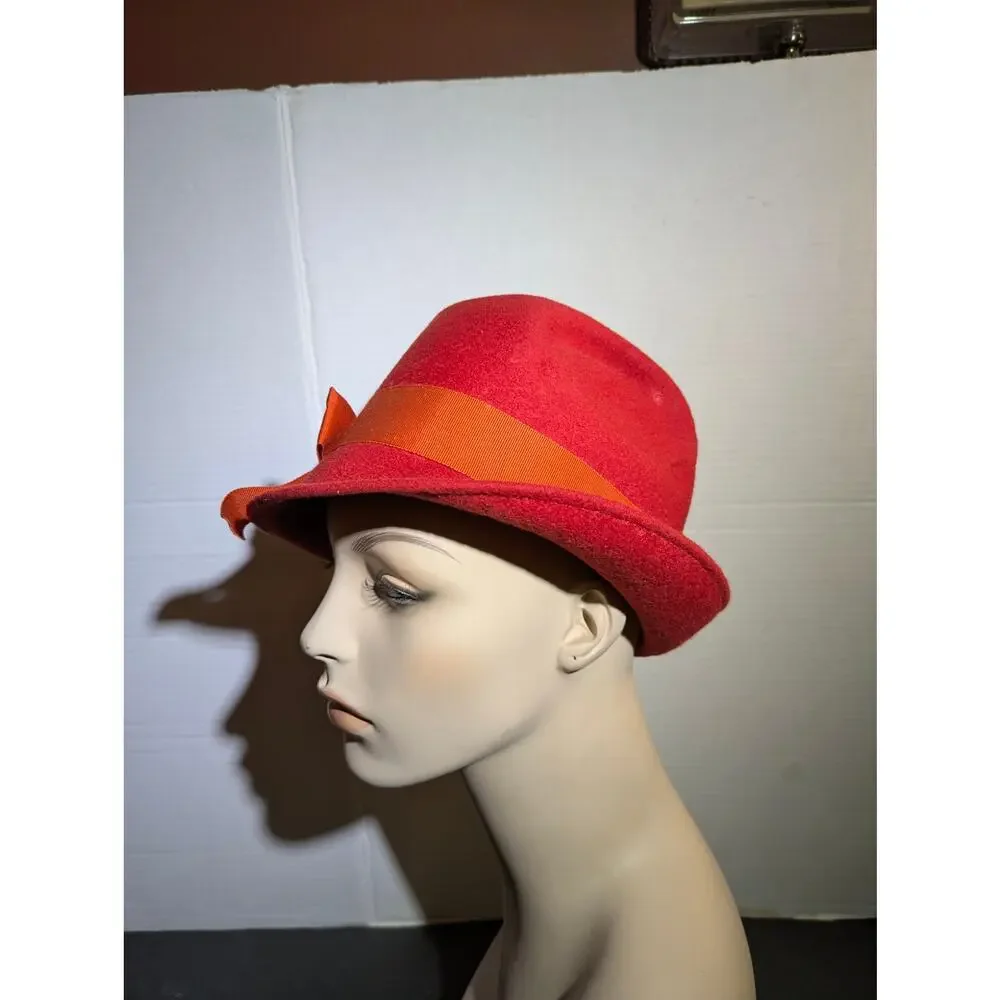 Vintage 50s Red Fur Felt Cloche Hat Orange Ribbon Bow Mid-Century Mod Fedora